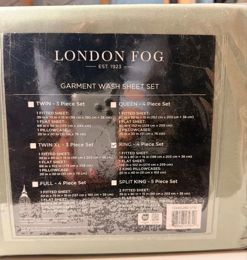 London Fog Garment Wash Sheet Set – King Size 4-Piece – Soft Sage Green